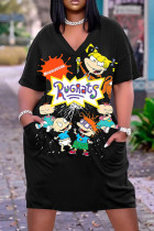 Black Orange Casual Cartoon Print Basic V Neck Short Sleeve Plus Size Dresses