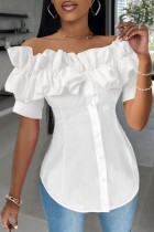 White Casual Solid Color Patchwork Off Shoulder Tops