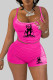 Rose Red Sexy Print Patchwork Backless Spaghetti Strap Sleeveless Two Pieces