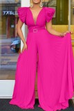 Rose Red Casual Solid Color With Belt Regular Jumpsuits