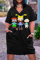 Black Yellow Casual Cartoon Print Basic V Neck Short Sleeve Plus Size Dresses