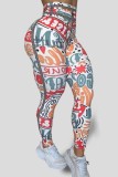 Multicolor Casual Sportswear Graffiti Print Basic Skinny High Waist Pencil Full Print Trousers