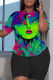 Turquoise Casual Print Basic O Neck Short Sleeve Two Pieces