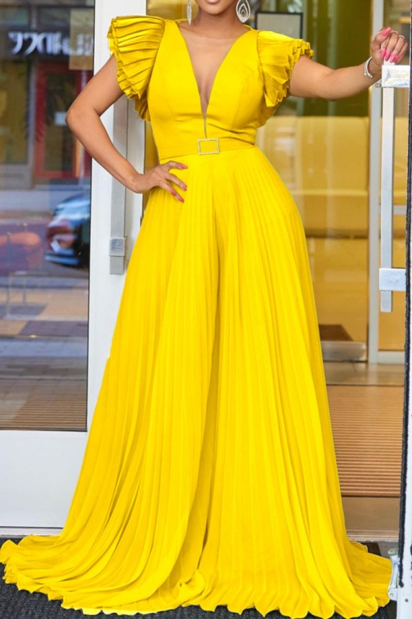 Yellow Casual Solid Color With Belt Regular Jumpsuits
