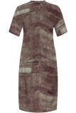 Brown Casual Print Basic V Neck Long Plus Size Dresses