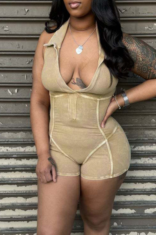 Khaki Casual Solid Patchwork V Neck Skinny Rompers