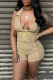 Khaki Casual Solid Patchwork V Neck Skinny Rompers