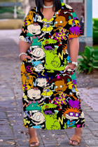 Black Casual Cartoon Print Basic V Neck Long Plus Size Dresses