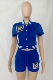 Blue Casual Letters Draw String Pocket Buckle Patchwork O Neck Short Sleeve Two Pieces
