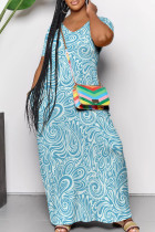 Blue Casual Print Pocket Patchwork V Neck Long Dresses