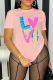 Pink Casual Letter Print Gradient Color Contrast O Neck T-Shirts