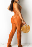 Brown Sexy Solid Color Hollow Out Patchwork See-Through O Neck Regular Jumpsuits