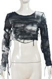 Black Casual Tie Dye Fringed Trim Patchwork O Neck Tops
