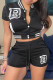 Black Casual Letters Draw String Pocket Buckle Patchwork O Neck Short Sleeve Two Pieces
