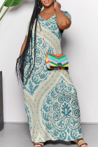 Baby Blue Casual Print Pocket Patchwork V Neck Long Dresses