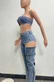 Blue Sexy Casual Solid Color Hollow Out Backless Zipper Strapless Sleeveless Two Pieces