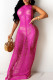 Rose Red Sexy Solid Color Hollow Out Patchwork See-Through Swimwears Cover Up