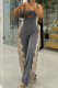Grey Casual Fringed Trim Hollow Out Patchwork U Neck Loose Jumpsuits