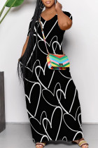 Black Casual Gradient Print Striped Print Love Print Contrast V Neck Printed Dresses