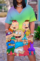Purple Green Casual Cartoon Print Basic V Neck Short Sleeve Plus Size Dresses