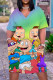 Purple Green Casual Cartoon Print Basic V Neck Short Sleeve Plus Size Dresses