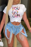 White Casual Print Letter Patchwork O Neck T-Shirts