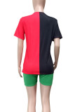 Red Casual Letters Patchwork O Neck Short Sleeve Two Pieces