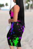 Multi-color Sexy Street Splashed ink printing Contrast U Neck Printed Dresses