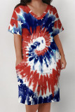 Red Blue Casual Street Tie Dye Print Pocket Contrast V Neck Printed Plus Size Dresses