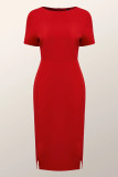 Red Celebrities Solid Color Patchwork Slit Zipper O Neck Wrapped Skirt Plus Size Dresses