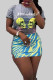 Grey Street Print Patchwork O Neck Short Sleeve Two Pieces