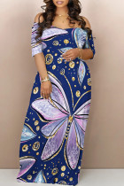 Dark Blue Casual Butterfly Flowers Print Contrast Off Shoulder Printed Dresses