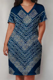 Light Blue Casual Street Geometric Print Pocket Contrast V Neck Printed Plus Size Dresses