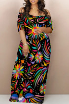 Black Casual Butterfly Flowers Print Contrast Off Shoulder Printed Dresses