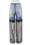 Blue Casual Patchwork Contrast Mid Waist Straight Denim Jeans