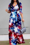 Red White Street Print Patchwork Strap Design V Neck Long Dresses