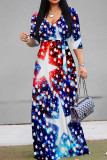 White Blue Celebrities Print Patchwork Strap Design V Neck Long Dresses