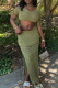 Green Celebrities Solid Color Fringed Trim Hollow Out Patchwork High Slit O Neck Short Sleeve Two Pieces