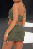 Green Sexy Solid Color Backless Zipper Belted Halter Sleeveless Two Pieces