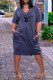 Deep Blue Casual Letter Print Pocket V Neck Short Sleeve Short Sleeve Dress