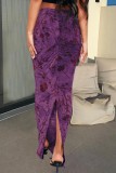 Purple Casual Print Slit Ruched Bodycon High Waist Conventional Full Print Skirts