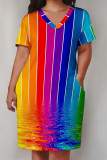 Rainbow Color Casual Street Ombre Rainbow Print Pocket Contrast V Neck Printed Plus Size Dresses