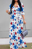 Blue White Celebrities Print Patchwork Strap Design V Neck Long Dresses