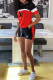 Red Letter Print Draw String Pocket Contrast O Neck Short Sleeve Two Pieces