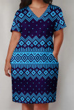 Light Blue Casual Street Geometric Print Pocket Contrast V Neck Printed Plus Size Dresses