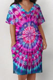 Light Color Casual Street Tie Dye Print Pocket Contrast V Neck Printed Plus Size Dresses