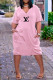 Pink Casual Letter Print Pocket V Neck Short Sleeve Short Sleeve Dress