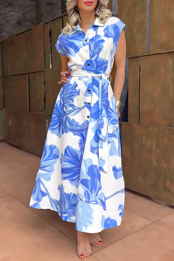 Blue Casual Floral Print Buttons Turndown Collar Long Dresses
