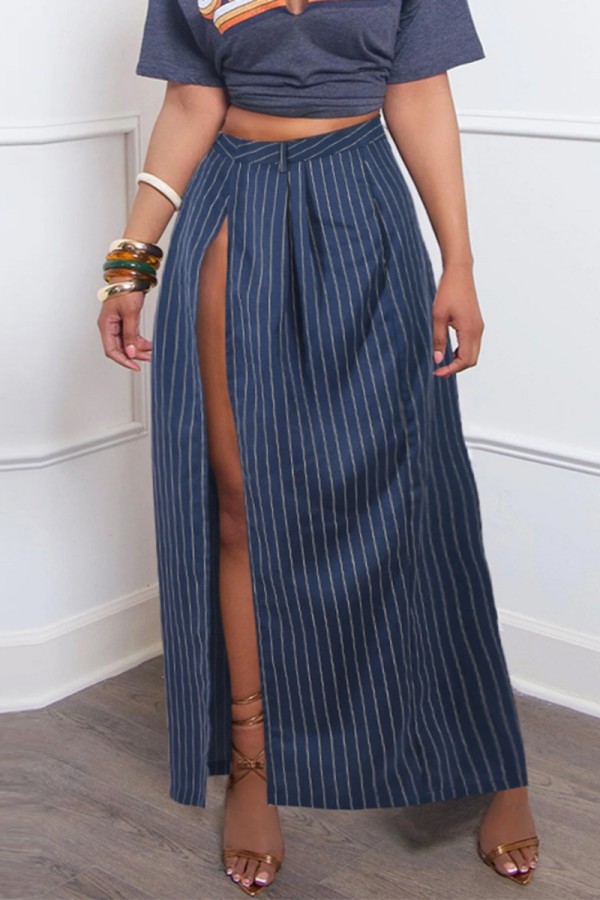 Blue Casual Striped Print Slit Regular High Waist Full Print Skirts