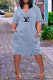 Light Blue Casual Letter Print Pocket V Neck Short Sleeve Short Sleeve Dress